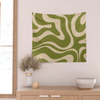 Retro Modern Liquid Swirl Abstract Pattern Square in Mid Mod Olive Green and Beige Wall Tapestry Gallery Image 2