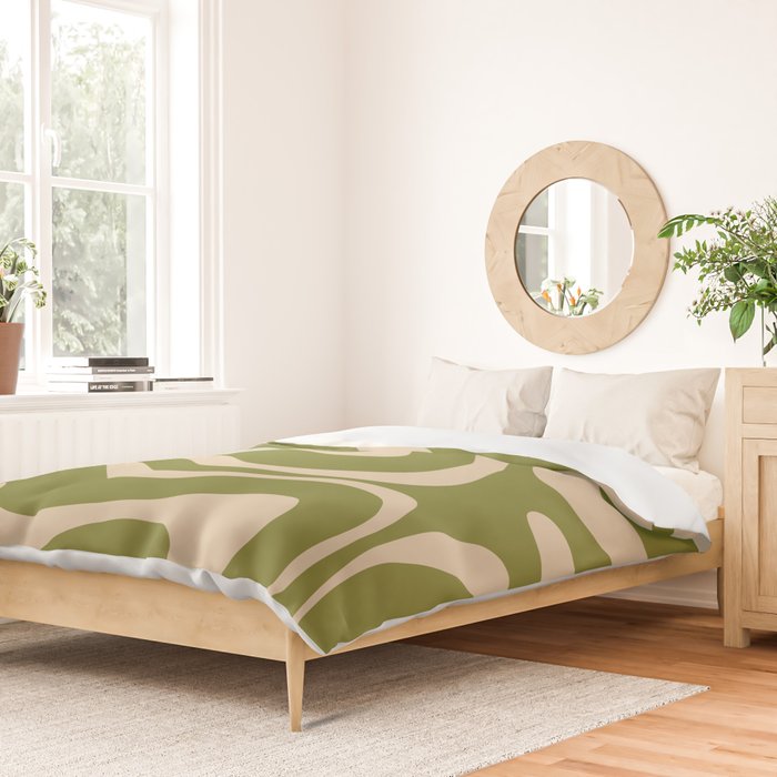 Retro Modern Liquid Swirl Abstract Pattern Square in Mid Mod Olive Green and Beige Duvet Cover Gallery Image 2