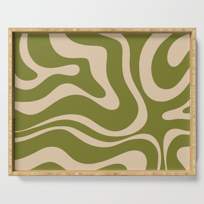 Retro Modern Liquid Swirl Abstract Pattern Square in Mid Mod Olive Green and Beige Serving Tray Gallery Image 1