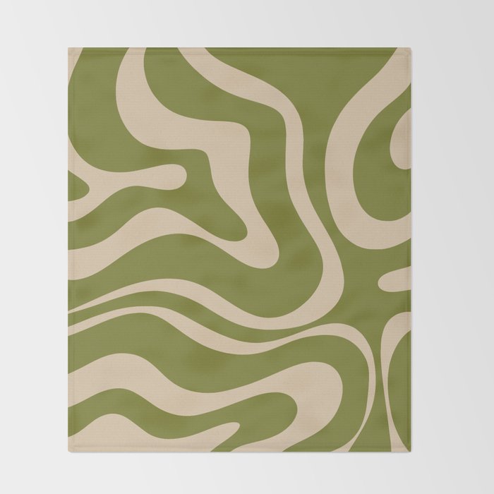 Retro Modern Liquid Swirl Abstract Pattern Square in Mid Mod Olive Green and Beige Throw Blanket Gallery Image 2
