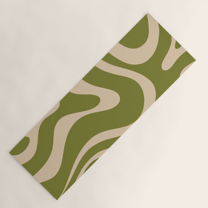 Retro Modern Liquid Swirl Abstract Pattern Square in Mid Mod Olive Green and Beige Yoga Mat Gallery Image 1