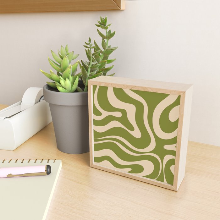 Retro Modern Liquid Swirl Abstract Pattern Square in Mid Mod Olive Green and Beige Mini Art Print Gallery Image 2