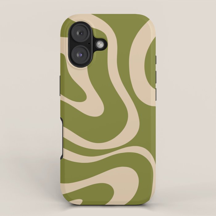 Retro Modern Liquid Swirl Abstract Pattern Square in Mid Mod Olive Green and Beige iPhone Case Gallery Image 1