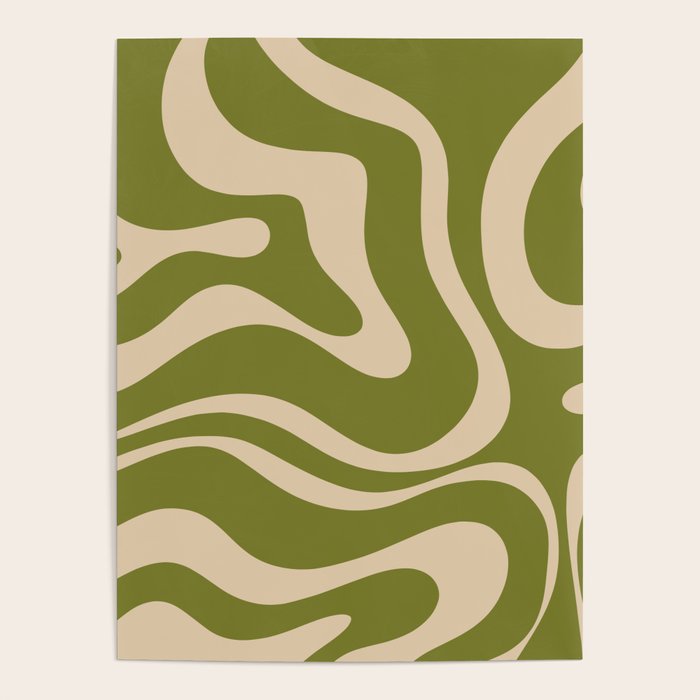 Retro Modern Liquid Swirl Abstract Pattern Square in Mid Mod Olive Green and Beige Poster Gallery Image 4