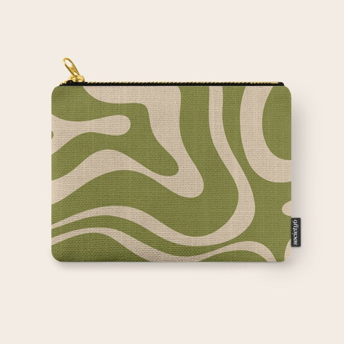 Retro Modern Liquid Swirl Abstract Pattern Square in Mid Mod Olive Green and Beige Carry All Pouch Gallery Image 1