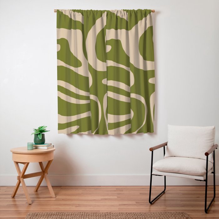 Retro Modern Liquid Swirl Abstract Pattern Square in Mid Mod Olive Green and Beige Window Curtain Gallery Image 3