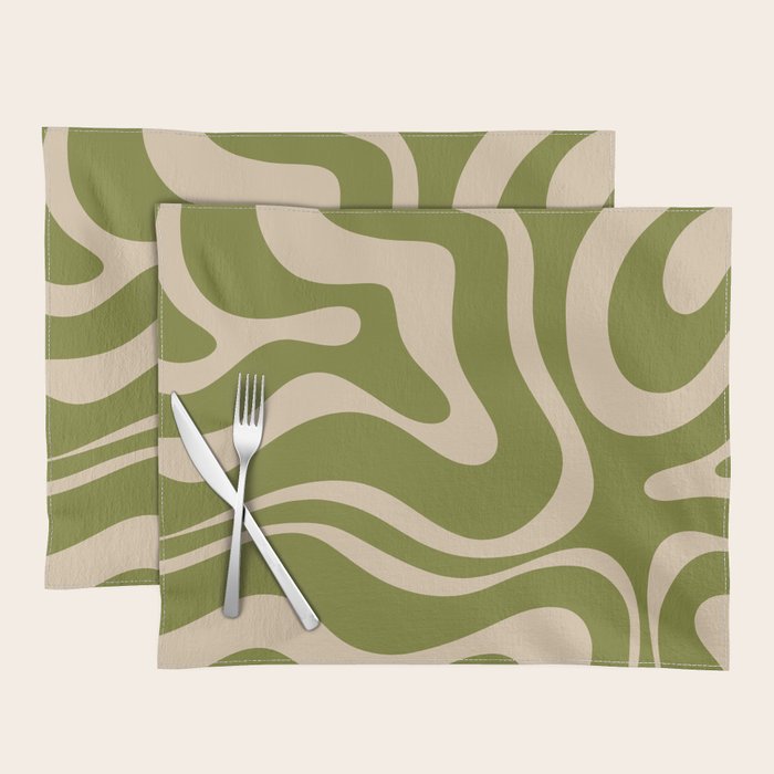 Retro Modern Liquid Swirl Abstract Pattern Square in Mid Mod Olive Green and Beige Placemat Gallery Image 1