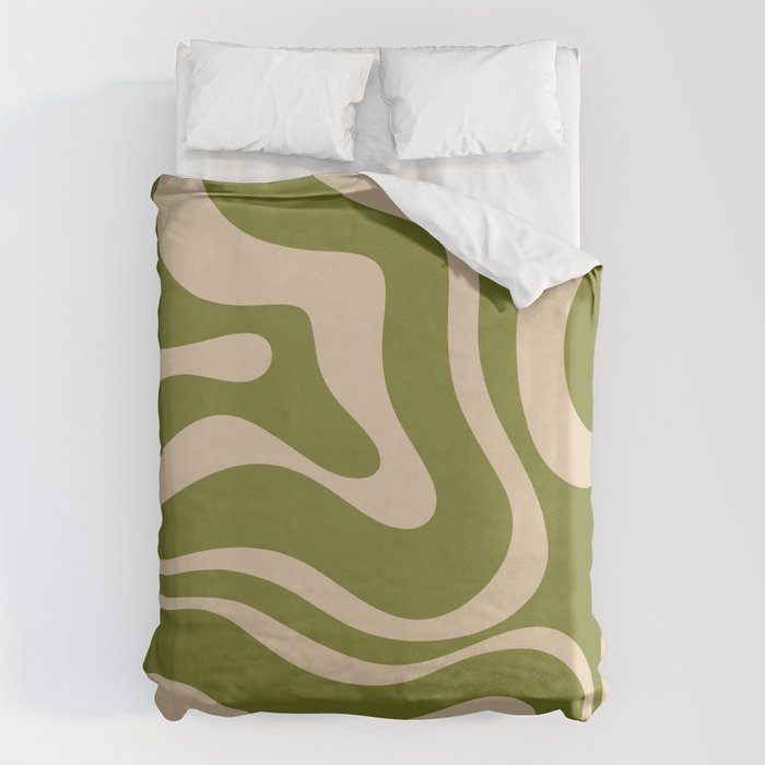 Retro Modern Liquid Swirl Abstract Pattern Square in Mid Mod Olive Green and Beige Duvet Cover Gallery Image 1