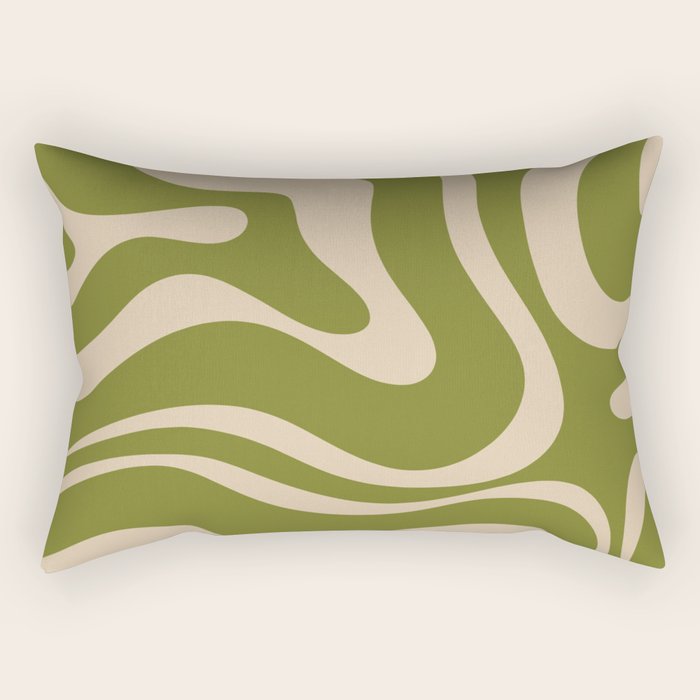 Retro Modern Liquid Swirl Abstract Pattern Square in Mid Mod Olive Green and Beige Rectangular Pillow Gallery Image 1