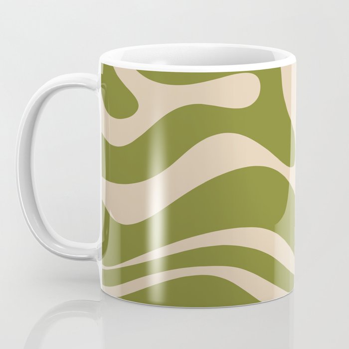 Retro Modern Liquid Swirl Abstract Pattern Square in Mid Mod Olive Green and Beige Coffee Mug Gallery Image 3
