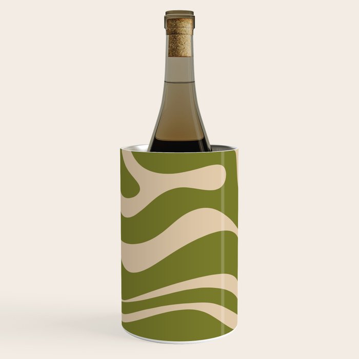 Retro Modern Liquid Swirl Abstract Pattern Square in Mid Mod Olive Green and Beige Wine Chiller - Thumbnail 3