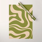 Retro Modern Liquid Swirl Abstract Pattern Square in Mid Mod Olive Green and Beige Wrapping Paper Gallery Image 1