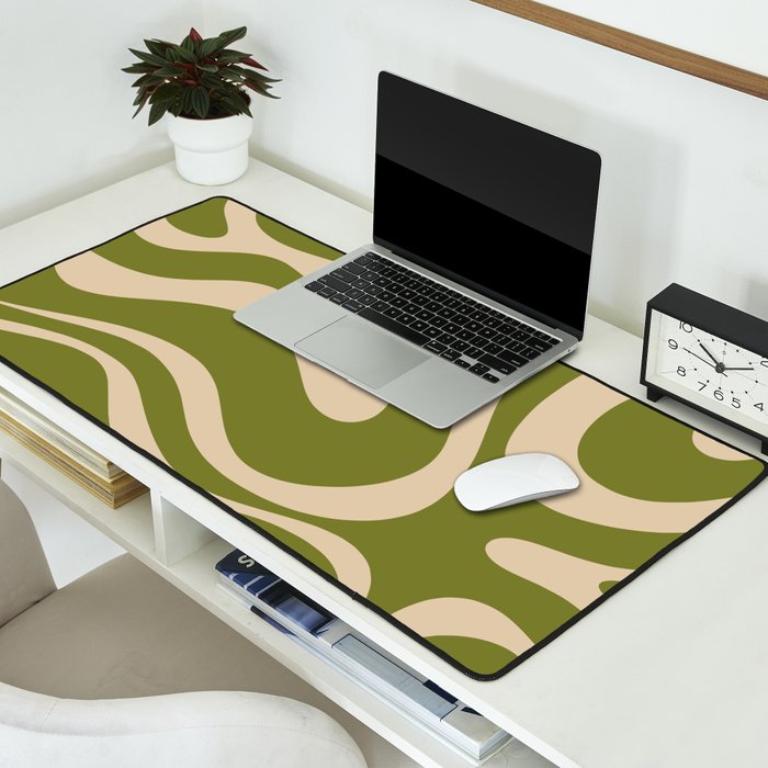 Retro Modern Liquid Swirl Abstract Pattern Square in Mid Mod Olive Green and Beige Desk Mat Gallery Image 2