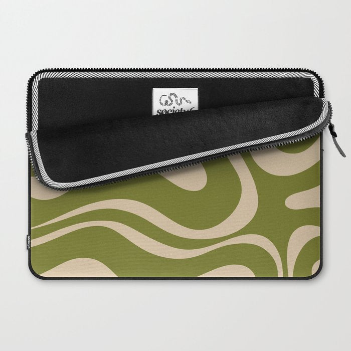 Retro Modern Liquid Swirl Abstract Pattern Square in Mid Mod Olive Green and Beige Laptop Sleeve Gallery Image 2