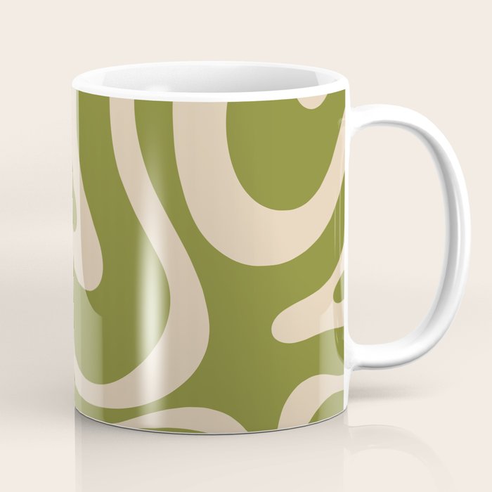 Retro Modern Liquid Swirl Abstract Pattern Square in Mid Mod Olive Green and Beige Coffee Mug Gallery Image 1