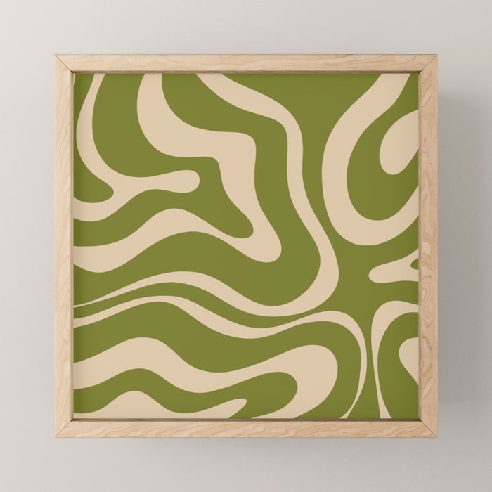 Retro Modern Liquid Swirl Abstract Pattern Square in Mid Mod Olive Green and Beige Mini Art Print Gallery Image 1
