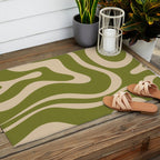Retro Modern Liquid Swirl Abstract Pattern Square in Mid Mod Olive Green and Beige Outdoor Rug Gallery Image 2