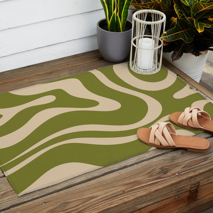 Retro Modern Liquid Swirl Abstract Pattern Square in Mid Mod Olive Green and Beige Outdoor Rug Gallery Image 2