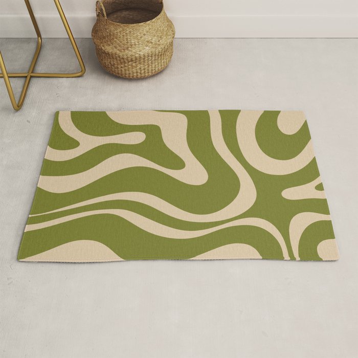 Retro Modern Liquid Swirl Abstract Pattern Square in Mid Mod Olive Green and Beige Rug Gallery Image 1