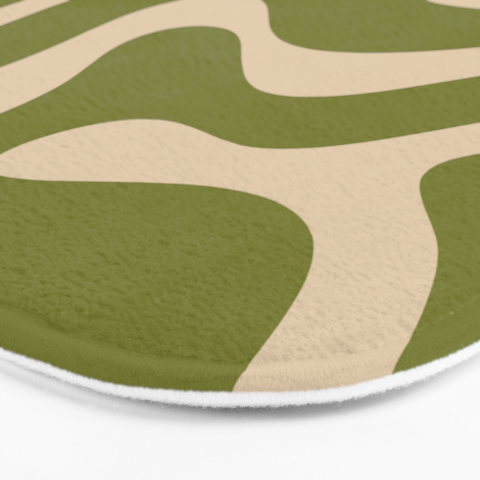Retro Modern Liquid Swirl Abstract Pattern Square in Mid Mod Olive Green and Beige Bath Mat Gallery Image 3