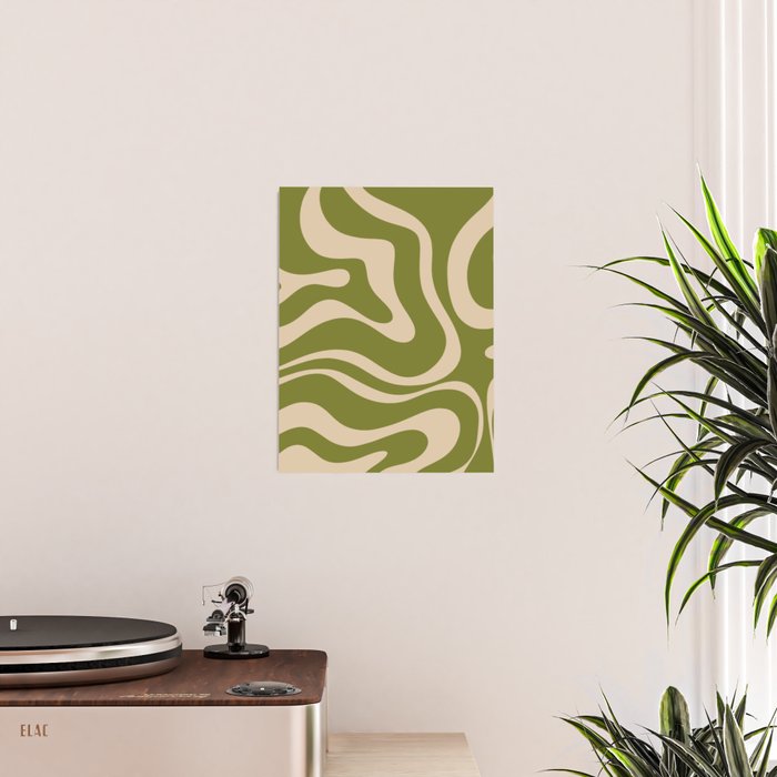 Retro Modern Liquid Swirl Abstract Pattern Square in Mid Mod Olive Green and Beige Poster Gallery Image 2