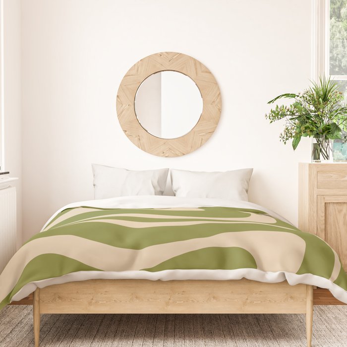 Retro Modern Liquid Swirl Abstract Pattern Square in Mid Mod Olive Green and Beige Duvet Cover Gallery Image 3