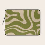 Retro Modern Liquid Swirl Abstract Pattern Square in Mid Mod Olive Green and Beige Laptop Sleeve Gallery Image 1
