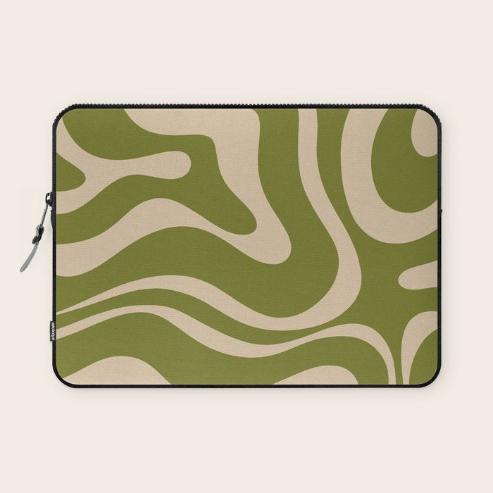 Retro Modern Liquid Swirl Abstract Pattern Square in Mid Mod Olive Green and Beige Laptop Sleeve Gallery Image 1