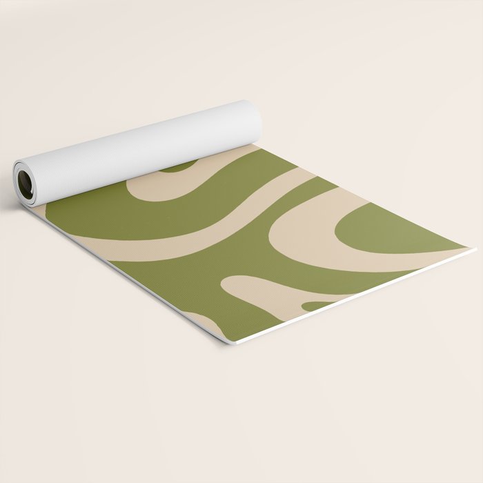 Retro Modern Liquid Swirl Abstract Pattern Square in Mid Mod Olive Green and Beige Yoga Mat Gallery Image 2
