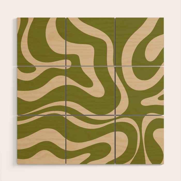 Retro Modern Liquid Swirl Abstract Pattern Square in Mid Mod Olive Green and Beige Wood Wall Art Gallery Image 1