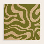 Retro Modern Liquid Swirl Abstract Pattern Square in Mid Mod Olive Green and Beige Wood Wall Art Gallery Image 1