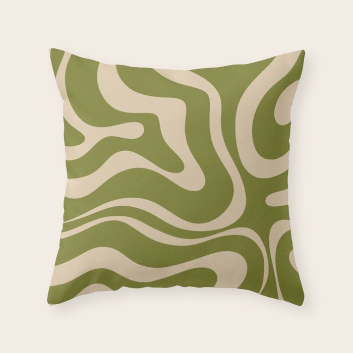 Retro Modern Liquid Swirl Abstract Pattern Square in Mid Mod Olive Green and Beige Throw Pillow Gallery Image 1