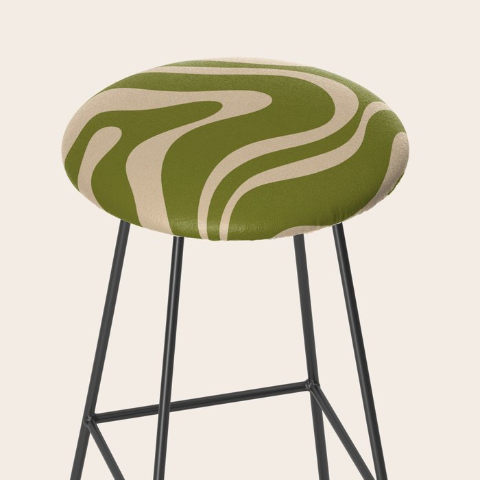 Retro Modern Liquid Swirl Abstract Pattern Square in Mid Mod Olive Green and Beige Stool Gallery Image 2