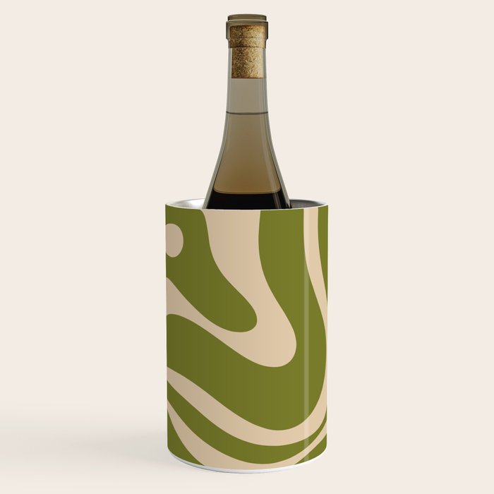 Retro Modern Liquid Swirl Abstract Pattern Square in Mid Mod Olive Green and Beige Wine Chiller