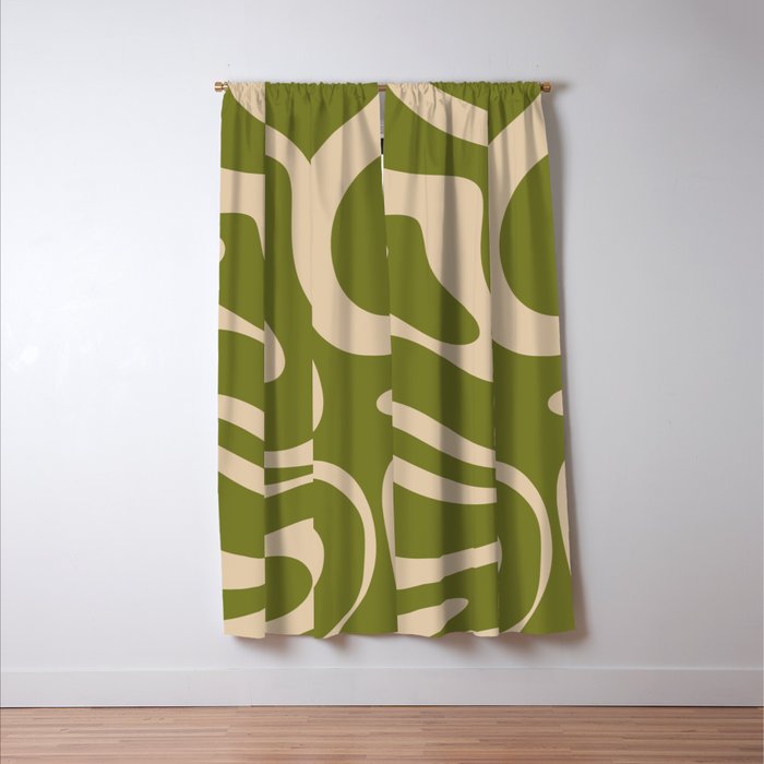 Retro Modern Liquid Swirl Abstract Pattern Square in Mid Mod Olive Green and Beige Window Curtain Gallery Image 3