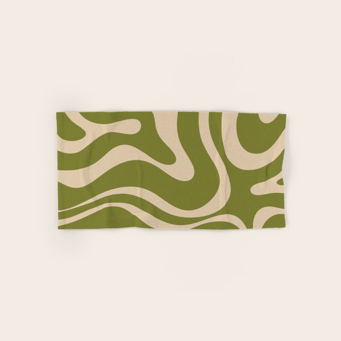 Retro Modern Liquid Swirl Abstract Pattern Square in Mid Mod Olive Green and Beige Bath Towel Gallery Image 1