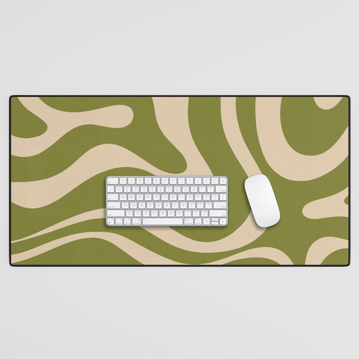 Retro Modern Liquid Swirl Abstract Pattern Square in Mid Mod Olive Green and Beige Desk Mat Gallery Image 1