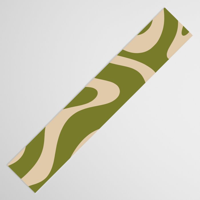 Retro Modern Liquid Swirl Abstract Pattern Square in Mid Mod Olive Green and Beige Table Runner Gallery Image 3