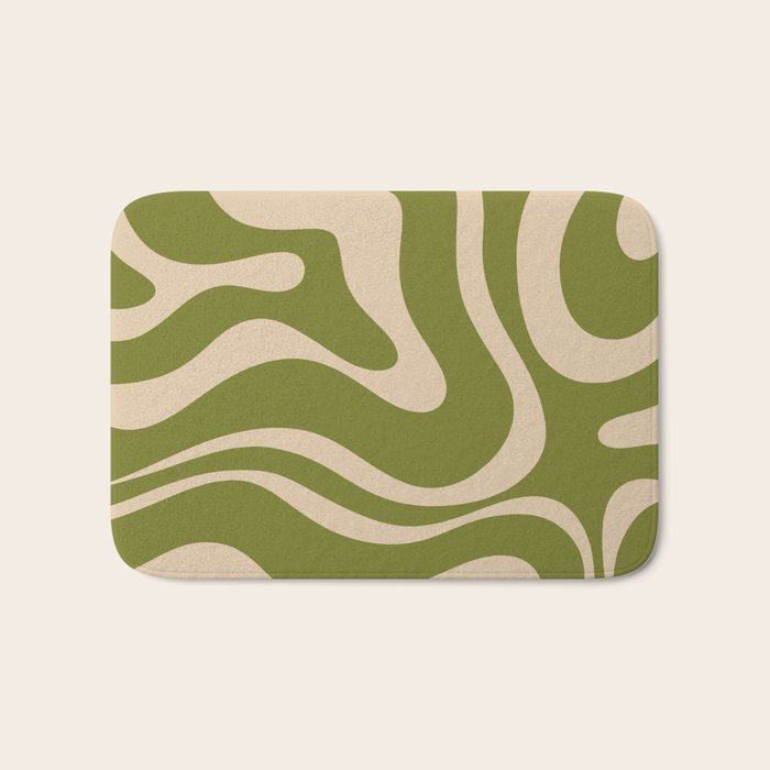 Retro Modern Liquid Swirl Abstract Pattern Square in Mid Mod Olive Green and Beige Bath Mat Gallery Image 1