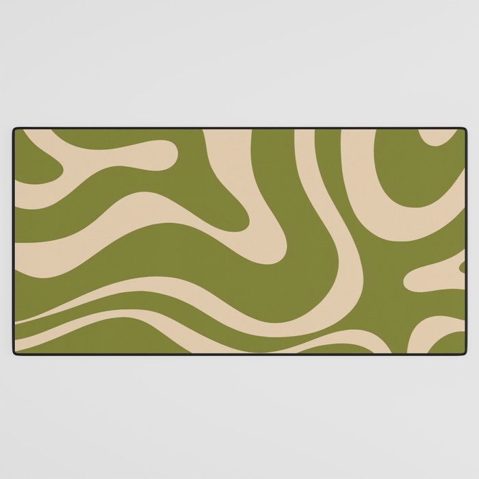 Retro Modern Liquid Swirl Abstract Pattern Square in Mid Mod Olive Green and Beige Desk Mat Gallery Image 3