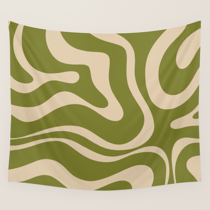 Retro Modern Liquid Swirl Abstract Pattern Square in Mid Mod Olive Green and Beige Wall Tapestry Gallery Image 1