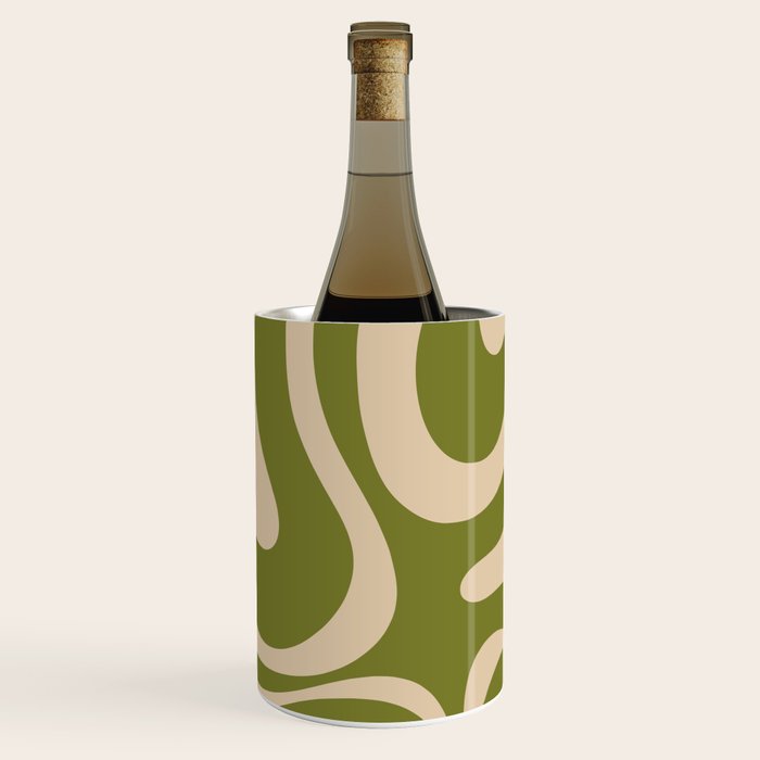 Retro Modern Liquid Swirl Abstract Pattern Square in Mid Mod Olive Green and Beige Wine Chiller Gallery Image 3