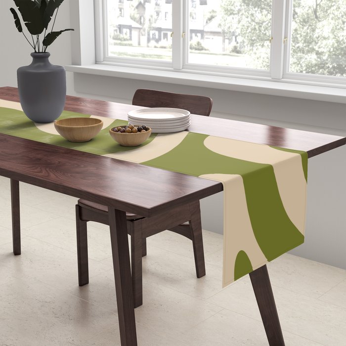Retro Modern Liquid Swirl Abstract Pattern Square in Mid Mod Olive Green and Beige Table Runner Gallery Image 2