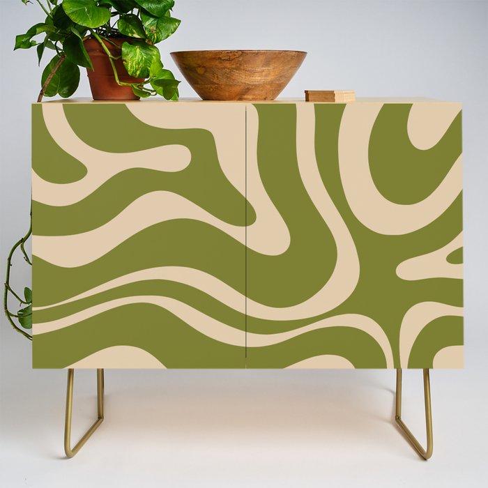 Retro Modern Liquid Swirl Abstract Pattern Square in Mid Mod Olive Green and Beige Credenza Gallery Image 1