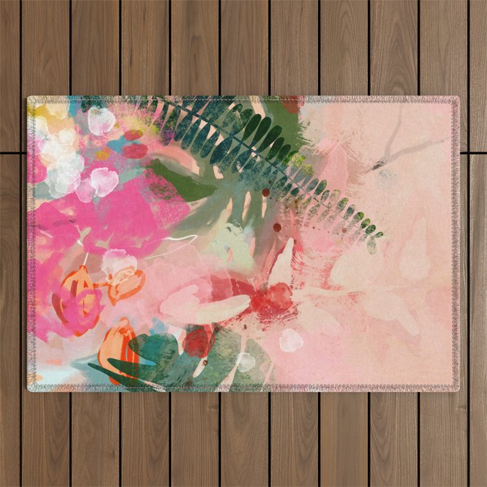 pink jungle leaves art abstract Outdoor Rug Gallery Image 1