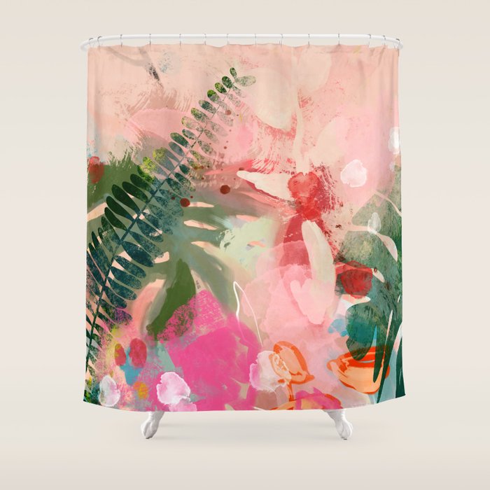 pink jungle leaves art abstract Shower Curtain Gallery Image 1
