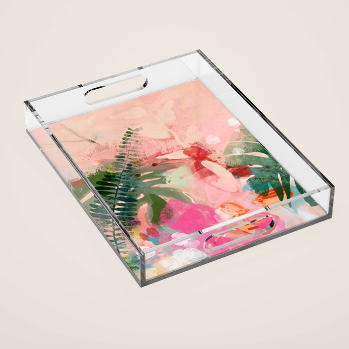 pink jungle leaves art abstract Acrylic Tray Gallery Image 1