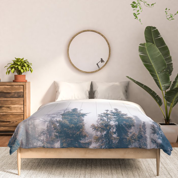 Minimalist Landscape Photo Pine Tree Silhouette Misty Forest Comforter Gallery Image 3
