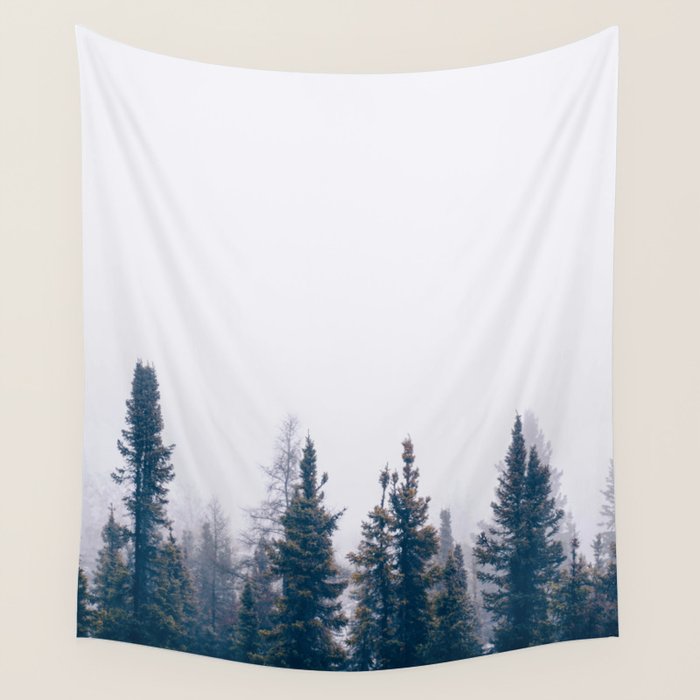 Minimalist Landscape Photo Pine Tree Silhouette Misty Forest Wall Tapestry Gallery Image 1