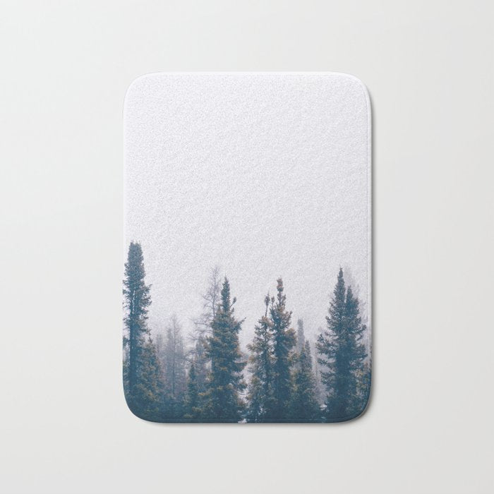 Minimalist Landscape Photo Pine Tree Silhouette Misty Forest Bath Mat Gallery Image 1
